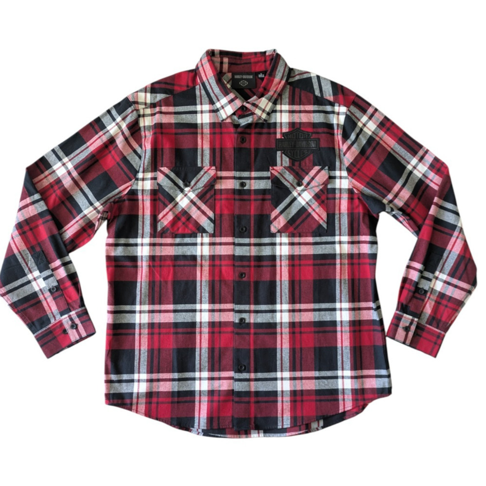 Harley Davidson Red Bar and Shield Plaid Flannel Shirt Size XL Mens Cotton